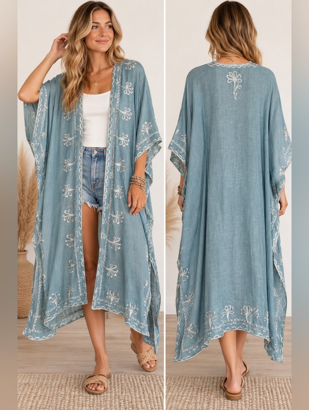 Natural Life Blue Embroidered Floral Boho Kimono Duster One Size